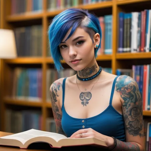 Prompt: High resolution photographic imag in high definition
background: college library reading room 
Foreground: a slim 18-year-old college student with short bright blue hair, adorned with tattoos on arms, neck, and chest, reading a book in a cozy library, vibrant and youthful, high quality, vibrant colors, detailed tattoos, cozy library ambiance, youthful appearance, bright blue hair, slim build, detailed tattoos, bookworm, comfortable lighting

