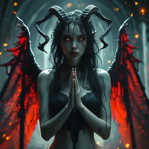 Prompt: Full body view, a Demoness, (slim, beautiful, large eyes), (demonic wings spread wide behind her), dynamic pose of her glancing to side to look at viewer while praying, dark gothic atmosphere, fantasy setting, high res photographic quality, 4K resolution, celestial lighting as background illuminating demoness.