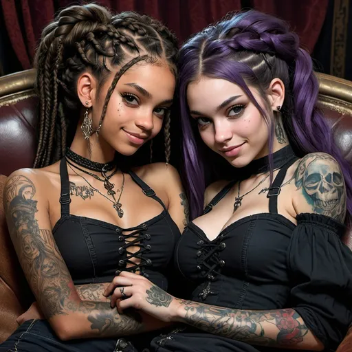 Prompt: Nighttime den scene, torso closeup of a pair of 2Girls, reclining on sofa, eyeing viewer with shy smiles, detailed facial features and skin tone, hyper detailed focused eyes, 18-20 years old, slim and fit, mixed races, long messy hair with braids, modern witches, ornate Gothic Victorian aesthetic, arm sleeve tattoos, neck and chest tattoos, thigh tattoos, edgy goth punk decor