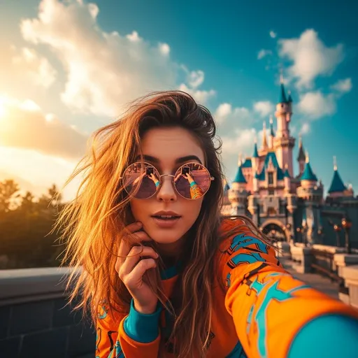 Prompt: A sunlit fantasy theme park selfie featuring a young woman with long, tousled golden-blonde hair wearing oversized round rose-gold sunglasses. She is in a vibrant orange top with colorful graphic sleeves. Her expression is playful and curious as she leans forward, strands of hair catching the sunlight. Behind her, a dreamy fairytale castle with pink spires and blue rooftops rises against a vivid blue sky filled with fluffy golden clouds. The lighting is warm and cinematic, with strong golden hour highlights. Ultra-detailed, vibrant, whimsical, immersive style with a magical realism aesthetic. Shot with a wide-angle lens, high dynamic range.

Style Tags: cinematic lighting, vibrant color, fantasy realism, dreamy, modern fairytale, Disney-inspired, hyperrealism