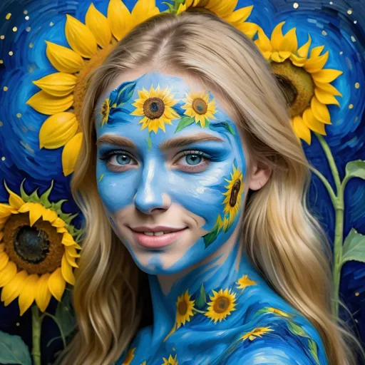 Prompt: Beautiful young Age:18 girl with entire body painted blue, athletic build, Face painted blue with sunflowers painted around eyes, Van Gogh's 'sunflowers' depicted on body, background Van Gogh painting, long blond hair, bright blue eyes, shy smile, highres, detailed body painting, impressionist, vibrant colors, gentle lighting