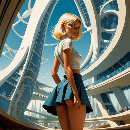 Prompt: Style of (Fabrizio Clerici, Kilian Eng, Dave McKean, Urban målare, Oscar Niemeyer, Surrealism) 
background: fantastical, fantasy, Sci-fi, glass architecture, unreadable blueprints, cross-sections.
Foreground: blonde miniskirt beautiful girl Alice, perfect voluminous body, detailed masterpiece 