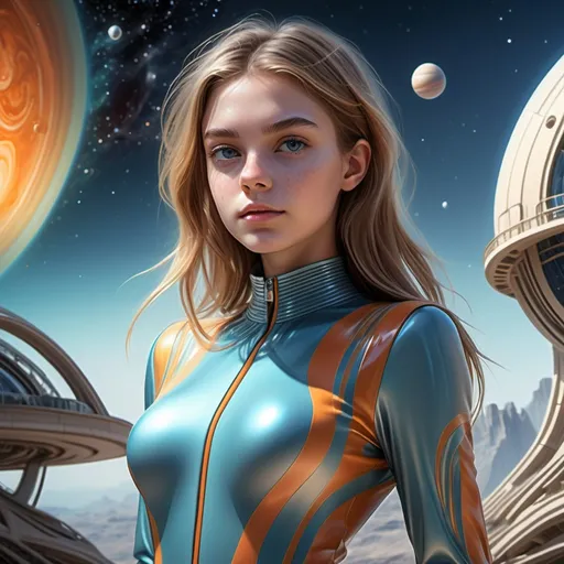 Prompt: background: fantastical outer space horizon, fantasy gas giant planet in sky, Sci-fi, glass architecture, unreadable blueprints, cross-sections.
Foreground: beautiful age18 girl, (highly detailed facial features), perfect voluminous body, cloth jumpsuit, detailed masterpiece 