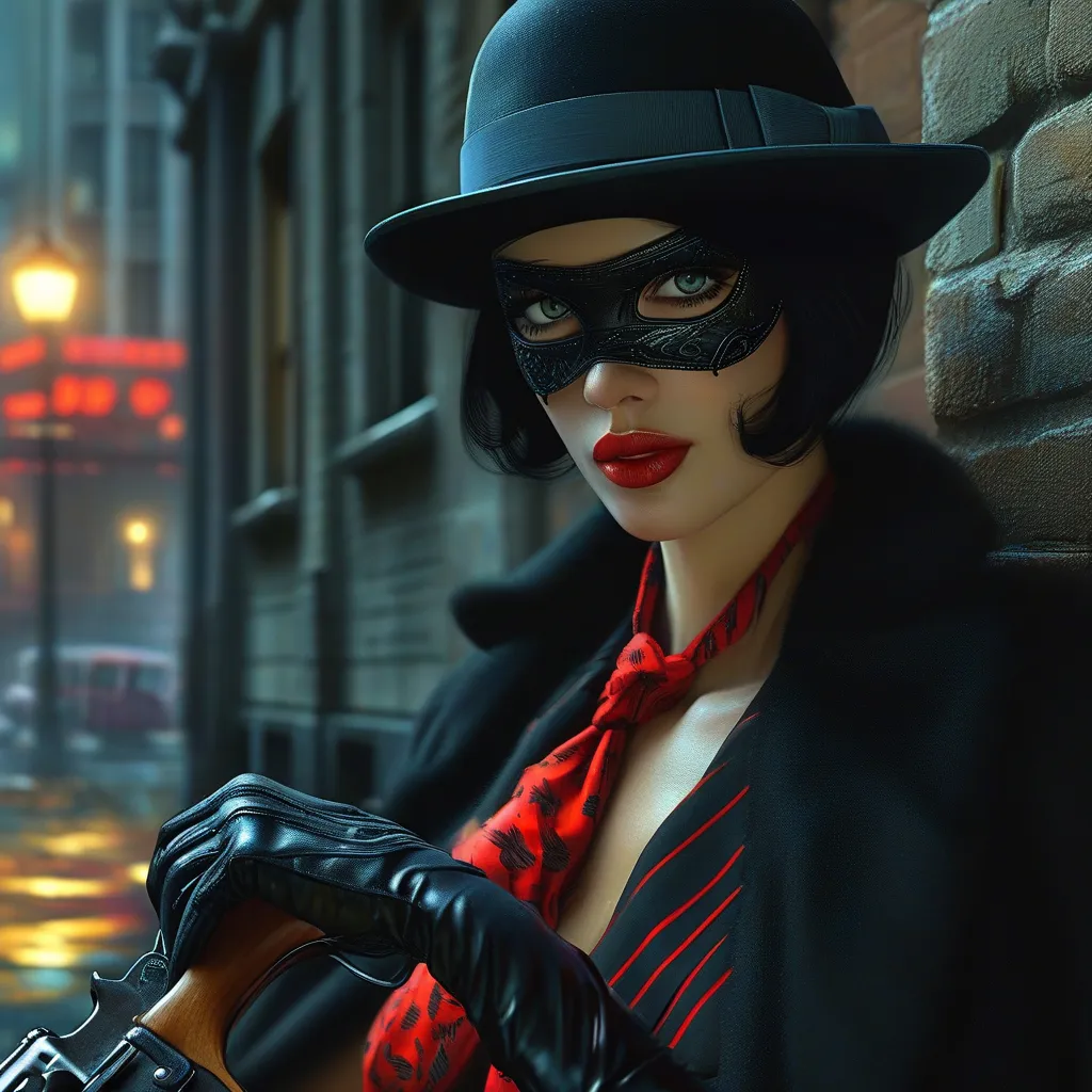 Prompt: Graphic noir pulp style heroine.   Tall beautiful with long black hair, wearing a black fedora, mask covering eyes, highly detailed facial features, dark cape, maroon pin-striped suit with pencil skirt & black blouse, crimson tie, black knee-length boots, holding a gun, (leaning against an alley wall at night in the shadows) outside a bank 1920’s era urban nightscape, sharp focus, atmosphere of dark suspense and danger, dramatic scene, high detail & quality, 8k, film noir vibe, cinematic digital imagery.