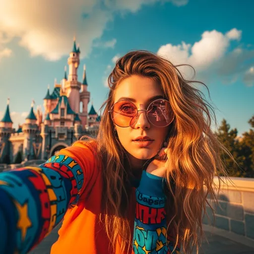 Prompt: A sunlit fantasy theme park selfie featuring a young woman with long, tousled golden-blonde hair wearing oversized round rose-gold sunglasses. She is in a vibrant orange top with colorful graphic sleeves. Her expression is playful and curious as she leans forward, strands of hair catching the sunlight. Behind her, a dreamy fairytale castle with pink spires and blue rooftops rises against a vivid blue sky filled with fluffy golden clouds. The lighting is warm and cinematic, with strong golden hour highlights. Ultra-detailed, vibrant, whimsical, immersive style with a magical realism aesthetic. Shot with a wide-angle lens, high dynamic range.

Style Tags: cinematic lighting, vibrant color, fantasy realism, dreamy, modern fairytale, Disney-inspired, hyperrealism