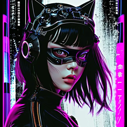 Prompt: (masterpiece, best quality) , 1 woman (full body), solo, anime woman with skull face mask, tilting gaze toward viewer,  in the style of cyberpunk symbolism, full body, realistic hyper-detailed portraits, metallic accents, outrun, hyper-realistic pop, illustration, artistic conception with ink, with typographic elements, abstract, complementary colors, mosaic of characters, wallpaper style, simplicity, Chinese painting, black background