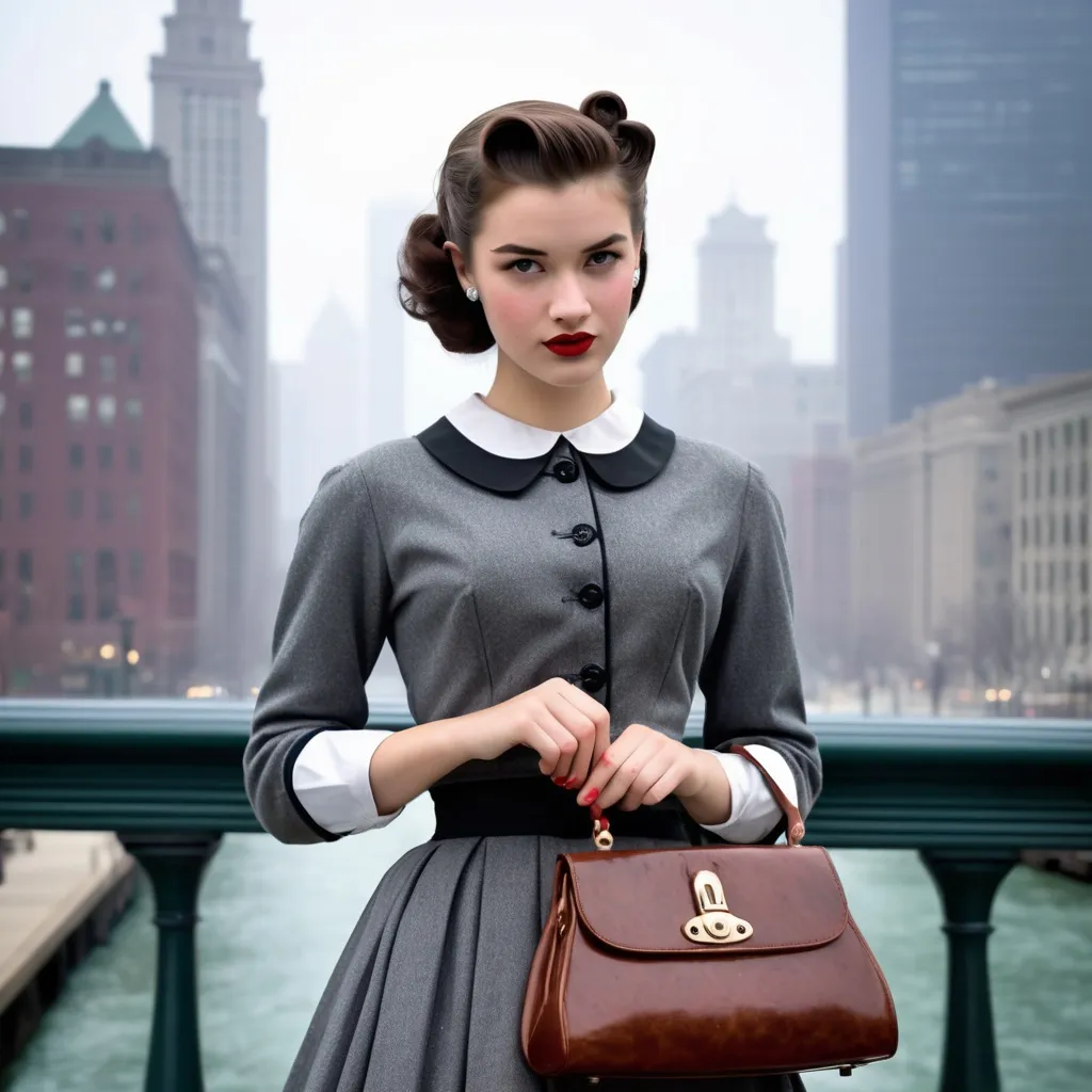 Prompt: (realistic image set in Chicago 1950's),  (girl age:18, Slim, cute, beautiful, shy), (1950’s hair style), (dressed in period college girl’s for the ‘50’s outfit), posed holding a purse, period city background, misty morning, (rich textures), (soft lighting), (ultra-detailed), 4k quality, opulent decor.