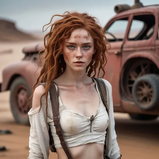 Prompt: Wasteland setting reminiscent of the movie Fury Road.  a (beautiful, perfect slim  youthful and cute girl) with a slender soft build and fair skin with freckles. Her highly detailed face and skin are defined by thin but soft features, with large wide expressive eyes.  Her dusty red hair has wavy curls and is unkempt. She wears a simple, flowing white garment made of thin transparent fabric, which is draped loosely around her body. The outfit is minimal, designed to be functional.

She maintains an innocent, lost expression of wonder, a clean, almost ethereal appearance, standing out against the rugged, apocalyptic landscape. 

The setting should feel gritty and industrial, with her figure and white clothing creating a visual contrast to the dark, muted tones of the world she inhabits.