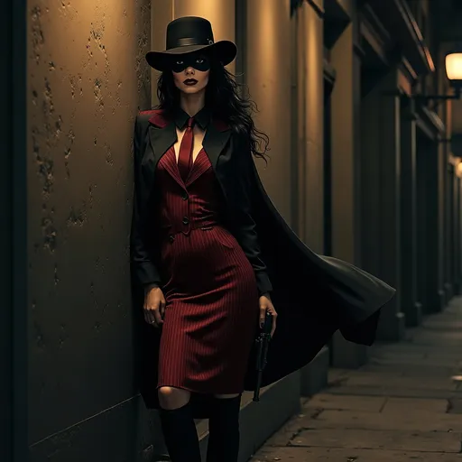 Prompt: Graphic noir pulp style heroine.   Tall beautiful with long black hair, wearing a black fedora, mask covering eyes, highly detailed facial features, dark cape, maroon pin-striped suit with pencil skirt & black blouse, crimson tie, black knee-length boots, holding a gun, (leaning against an alley wall at night in the shadows) outside a bank 1920’s era urban nightscape, sharp focus, atmosphere of dark suspense and danger, dramatic scene, high detail & quality, 8k, film noir vibe, cinematic digital imagery.