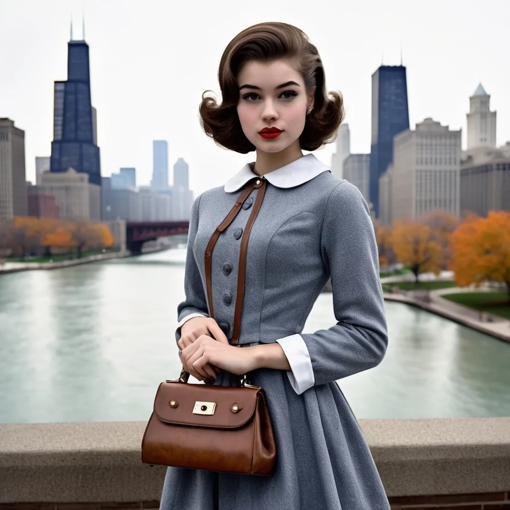 Prompt: (realistic image set in Chicago 1960's),  (girl age:18, Slim, cute, beautiful, shy), (1960’s hair style), (dressed in period college girl’s for the ‘60’s outfit), posed holding a purse, period city background, misty morning, (rich textures), (soft lighting), (ultra-detailed), 4k quality, opulent decor.