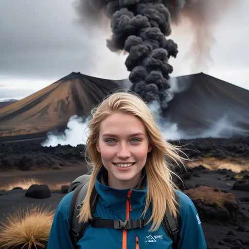 Prompt: Background: An Icelandic volcanic landscape with cinder cone erupting, in a smoky dark rocky basalt landscape in Iceland. Heated steamy atmosphere from flowing lava.
Foreground:  A (blonde young, sweet and cute Icelandic woman), highly detailed facial features with shy, subtly smiling expression, dynamically posed in winter hiking gear.  