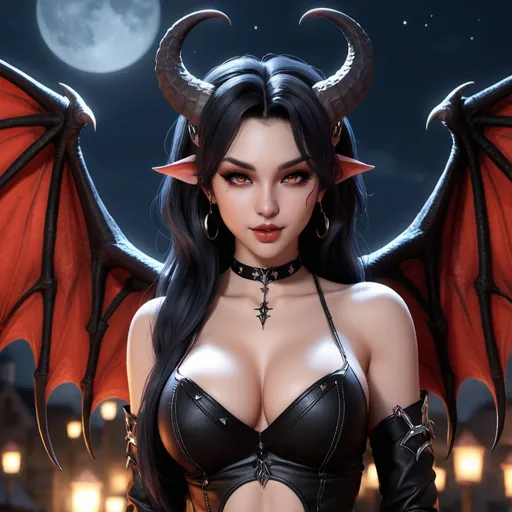 Prompt: Nighttime scene. A cute and adorable young 18-year-old succubus, slim and alluring.  Cute features coupled with demonic horns, demonic wings, and a prehensile actively writhing demon tail.  slim and athletic curves, Hyper detailed face and skin tone, soft youthful facial features that are angelic in contrast to her demonic elements