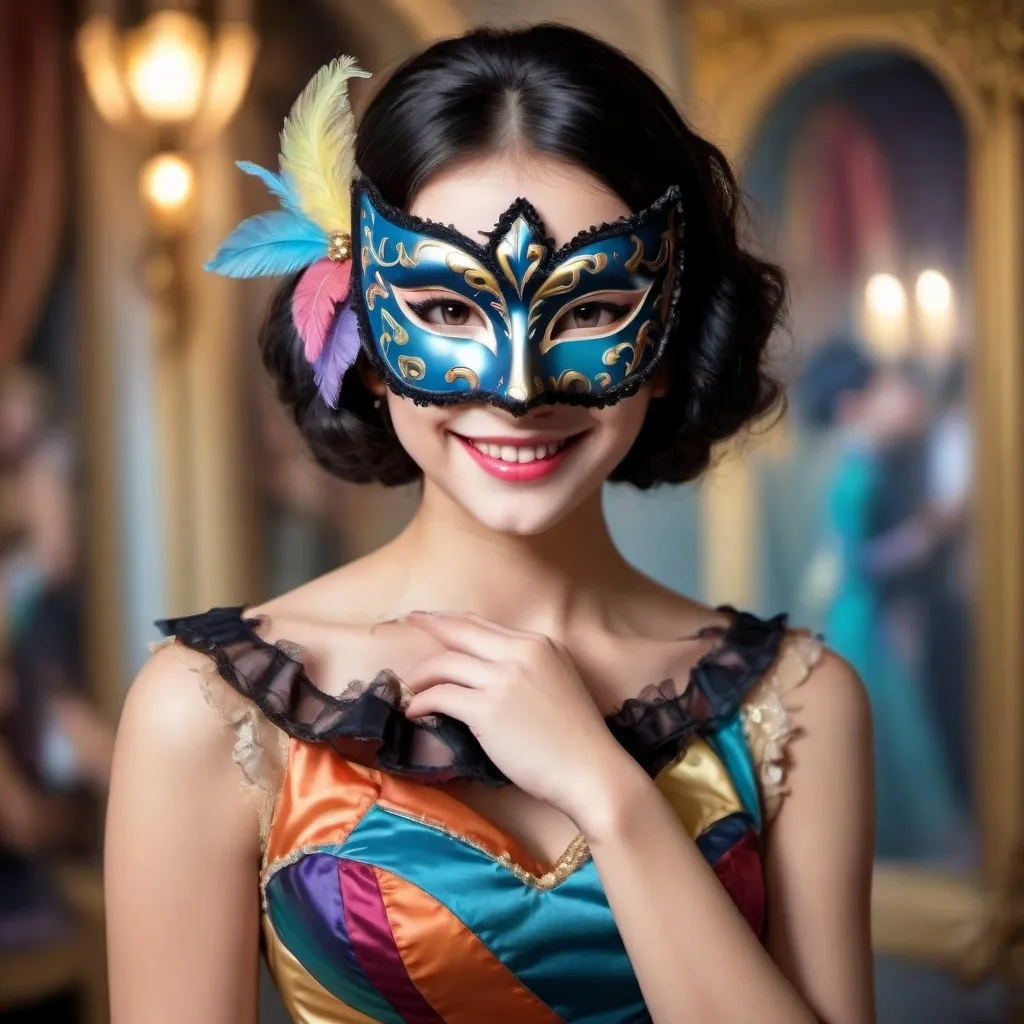 Prompt: Venetian party scene, Full body view, Venetian Masquerade Ball, masked face, youthful cute girl, top half of face hidden by mask, black hair, colorful harlequin style dress, smile under mask