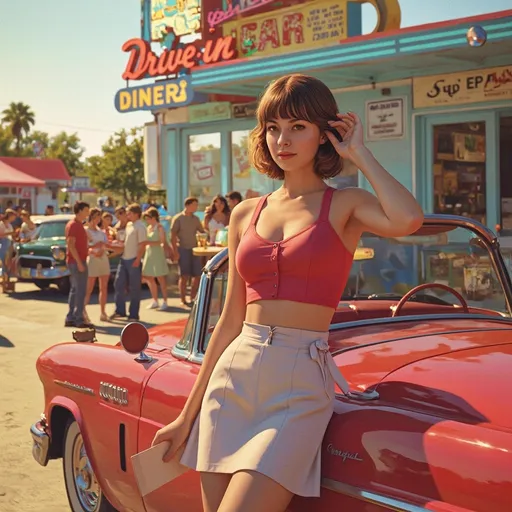 Prompt: Closeup torso view of a retro-styled teenage waitress, semi-realistic digital painting with ultra-fine detail and cinematic lighting. She stands beside a gleaming cherry-red 1950s convertible parked in front of a vintage American drive-in diner. Her tied-off crop-top uniform clings to her petite frame, emphasizing her slim waist and subtly curving figure, with just a hint of movement as a soft breeze lifts strands of her hair. One hand clutches a classic notepad, the other casually tucks her bangs behind her ear, her expression blending youthful shyness with a flicker of playful confidence. The late afternoon sun bathes the scene in golden warmth, casting long, romantic shadows. Behind her, colorful signage, neon accents, and groups of teenagers laughing over milkshakes and burgers set the tone of nostalgic summer freedom. Bright, saturated colors evoke a sunny Americana vibe with a whimsical, flirtatious charm. Art style inspired by highly polished digital pin-up realism, with painterly textures and a dash of 1950s cinematic atmosphere.
