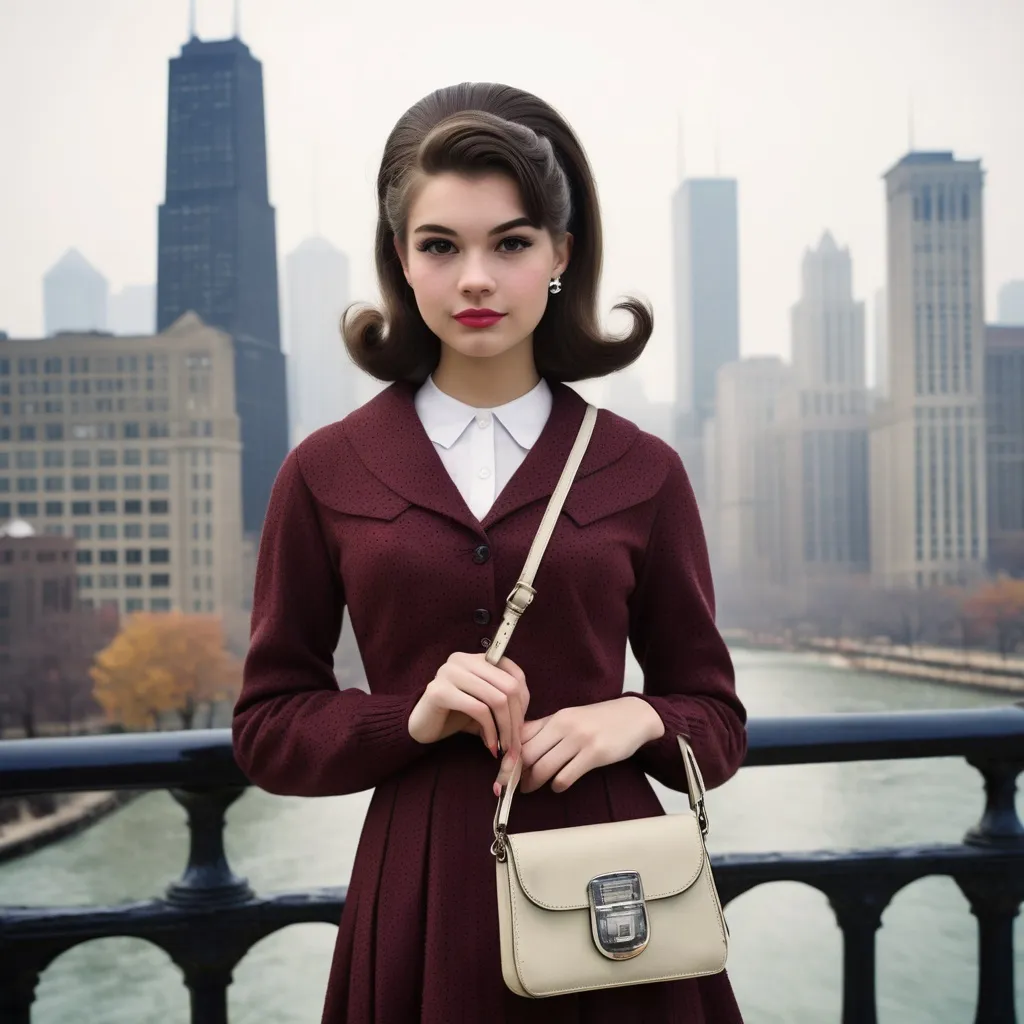 Prompt: (realistic image set in Chicago 1960's),  (girl age:18, Slim, cute, beautiful, shy), (1960’s hair style), (dressed in period college girl’s for the ‘60’s outfit), posed holding a purse, period city background, misty morning, (rich textures), (soft lighting), (ultra-detailed), 4k quality, opulent decor.