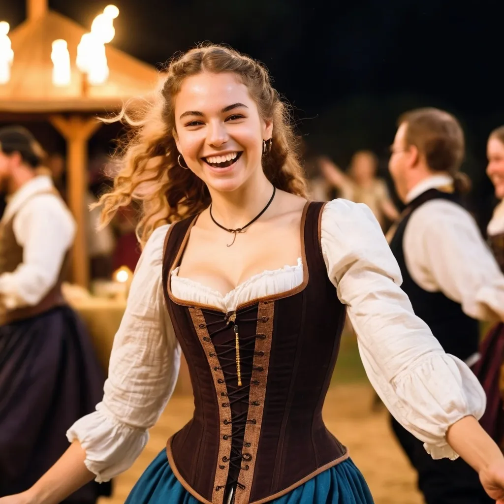 Prompt: Nighttime Renaissance fair dance and feast, a slim 18-year-old young woman in period dress, dancing, dynamic active pose, corset top piece over linen shirt, smiling happily with joy