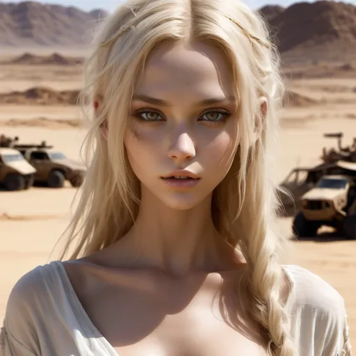 Prompt: Wasteland setting reminiscent of the movie Fury Road.  a (beautiful, perfect slim  youthful and cute girl) with a slender soft build and warm skin.  Her highly detailed face and skin are defined by thin but soft features, with large wide expressive eyes and wide full mouth.  Her long sandy blonde hair is unkempt. She wears a simple, flowing white garment made of thin transparent fabric, which is draped loosely around her body. The outfit is minimal, designed to be functional.

She maintains an innocent, expression of shy excitement, a clean, almost ethereal appearance, standing out against the rugged, apocalyptic landscape. 

The setting should feel gritty and industrial, with her figure and white clothing creating a visual contrast to the dark, muted tones of the world she inhabits.