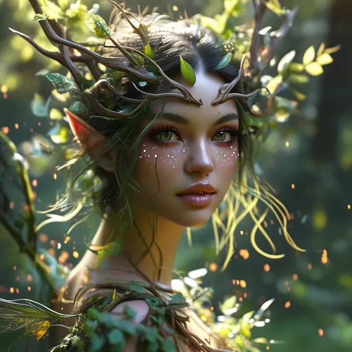 Prompt: High resolution, realistic, 4k, ultra HD, dancing, realistic digital photograph.  An ethereal fey atmosphere, magic in the air.
Setting: A fey meadow celebration
(((Background: a fairy meadow with fey creatures dancing around a fairy circle.)))
Foreground: A full body length image of an athletic, lithe dancing inhuman wood spirit, in-human fey body, youthful, ageless and beautiful with a woodland spirit essence about her, Fey almond shaped eyes with a sparkle in them, (hair intertwined with branches leaves and flowers), with (highly detailed facial features with a cute inviting expression), gazing sidelong at the viewer, dynamically posed beckoning them to join her in the dance.

UltraHD image quality with great detail, realistic photo quality digital image, realistic, 4k, ultra HD