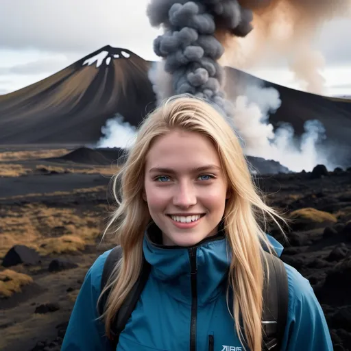 Prompt: Background: An Icelandic volcanic landscape with cinder cone erupting, in a smoky dark rocky basalt landscape in Iceland. Heated steamy atmosphere from flowing lava.
Foreground:  A (blonde young, sweet and cute Icelandic woman), highly detailed facial features with shy, subtly smiling expression, dynamically posed in winter hiking gear.  