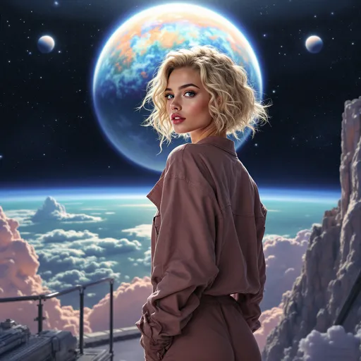 Prompt: background: fantastical outer space horizon, fantasy gas giant planet in sky, Sci-fi, space station platform,  glass architecture.
Foreground: beautiful age18 blonde young woman, short curly hair, (highly detailed facial features), perfect voluminous body, cloth jumpsuit, detailed masterpiece 