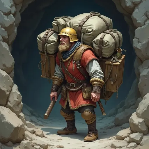 Prompt: A high resolution digital image of A fantasy adventurer’s henchman, carrying an oversized burden on his back consisting of many (bags, chests, tools, rope, and other items p) tied to a frame.  He wears a makeshift helmet, his scared face visible under it.  Standing at the mouth of a cave looking scared. Medieval clothes