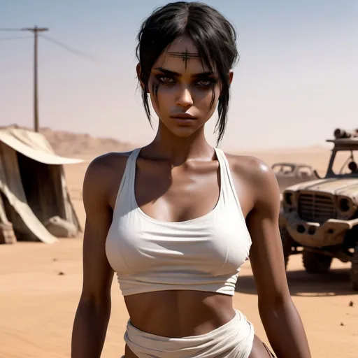 Prompt: Wasteland setting reminiscent of the movie Fury Road.  a (beautiful, perfect athletic and cute girl) with a slender, athletic build and brown skin. Her highly detailed face and skin are defined by thin but soft features, with large round expressive eyes.  Her dusty  black hair is shaved short and tightly curled. She wears a simple, flowing white garment made of thin transparent fabric, which is draped loosely around her body. The outfit is minimal, designed to be functional.

She maintains a clean, almost ethereal appearance, standing out against the rugged, apocalyptic landscape. 

The setting should feel gritty and industrial, with her figure and white clothing creating a visual contrast to the dark, muted tones of the world she inhabits.