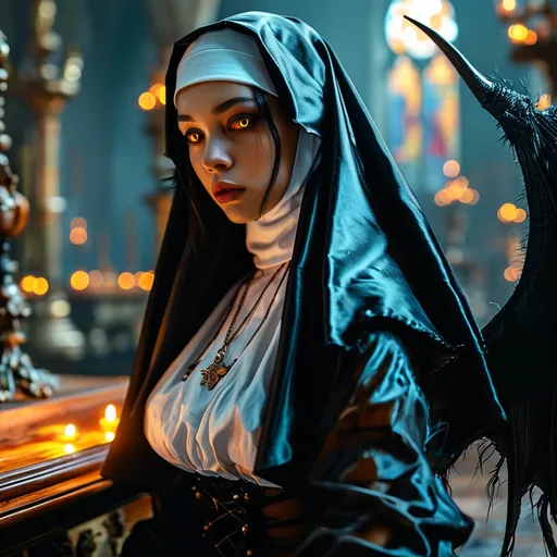 Prompt: Full body side view, a Demoness in nun’s Habit, (slim, beautiful, large eyes), (demonic wings spread wide behind her), kneeling at alter in dynamic pose, praying, ((glancing to side to look at viewer)) (((while praying))), dark gothic atmosphere, fantasy setting, high res photographic quality, 4K resolution, celestial lighting as background illuminating demoness.