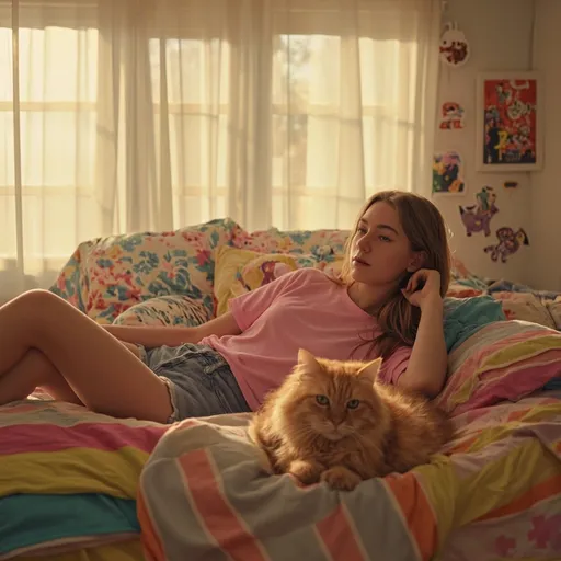 Prompt: Bathed in warm, golden sunlight, a young woman reclines comfortably on a vibrant, layered bed, exuding a carefree attitude. Her casual outfit consists of a pink top and denim shorts, accentuating her relaxed pose as she rests one hand in her hair and gazes thoughtfully into the distance. Beside her, a fluffy orange tabby cat lounges, showcasing a serene expression that complements the cozy ambiance. The room is filled with soft textures and playful decor, with sunlight filtering through billowing curtains, enhancing the inviting yet nostalgic vibe of the scene. This intimate moment captures a blend of tranquility and youthful spirit, creating a sense of warmth and companionship.