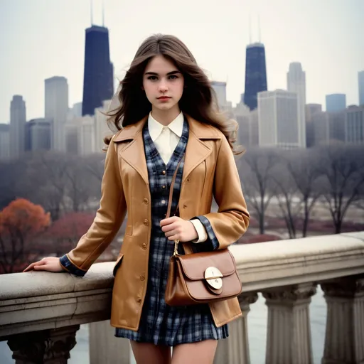 Prompt: (realistic image set in Chicago 1970's),  (girl age:18, Slim, cute, beautiful, shy), (1970’s hair style), (dressed in period college girl’s for the ‘70’s outfit), posed holding a  purse, period city background, misty morning, (rich textures), (soft lighting), (ultra-detailed), 4k quality, opulent decor.