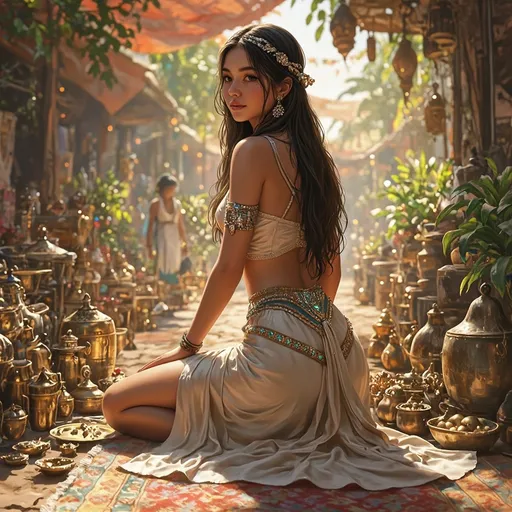 Prompt: Digital (illustration, painting, drawing, art, sketch) with smooth anime shading, fantasy portrait, anime-inspired facial features, glowing smooth skin, soft bounce lighting, intricate details in hair and jewelry, ((lush oasis paradise setting, oasis market)), sharp focus, painterly depth.
a beautiful youthful long-haired young woman, extremely detailed facial features with exquisite expression, in silken Arabian attire, poised kneeling over a Persian carpet covered with brass trinkets, selling in market, looking back at viewer, jeweled belts, lot of brass containers,  plates, trinkets