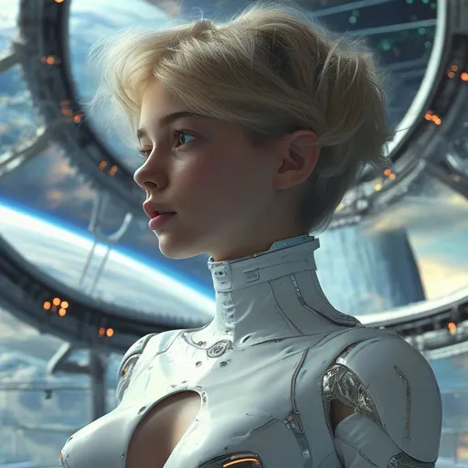 Prompt: background: fantastical outer space horizon, fantasy gas giant planet in sky, Sci-fi, space station platform,  glass architecture.
Foreground: beautiful age18 blonde young woman, short curly hair, (highly detailed facial features), perfect voluminous body, cloth jumpsuit, detailed masterpiece 