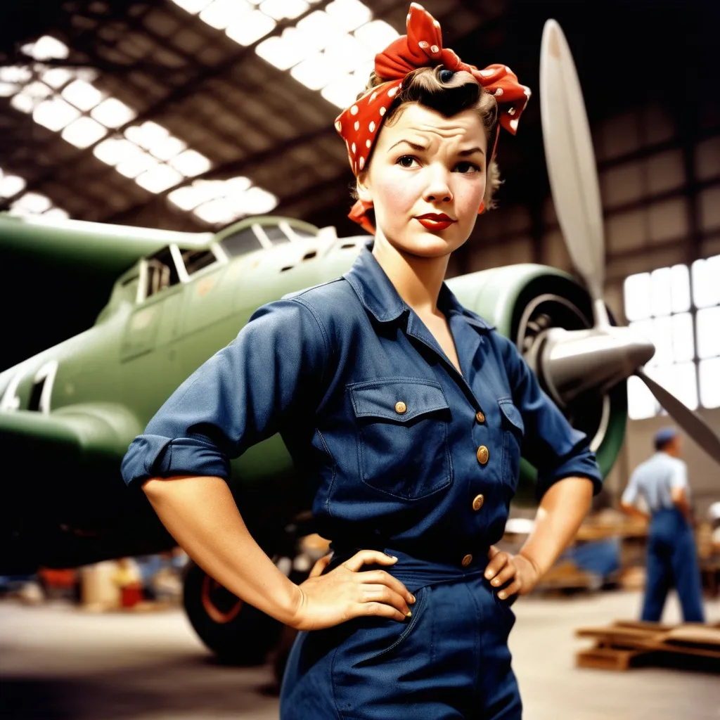 Prompt: High resolution Life like color photographic image of Rosie the riveter in a 1940’s aircraft factory, standing next to an aircraft under construction.