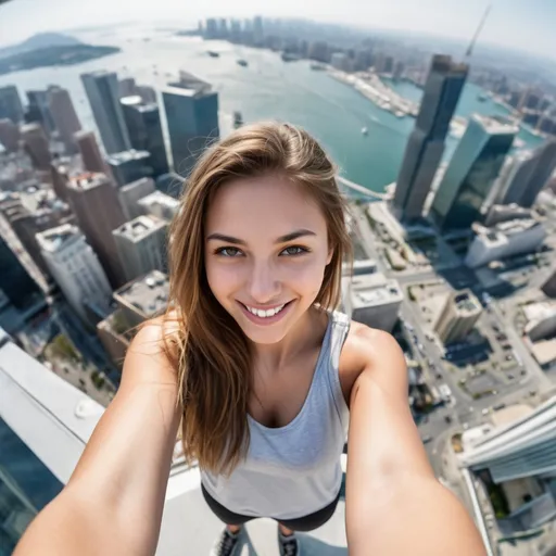 Prompt: outdoors rooftop Fisheye lens high resolution realistic digital image, A teenage young woman (with youthful cute expression) in athletic clothes, smiling happily while taking a selfie from the top of a skyscraper with city and harbor in the background