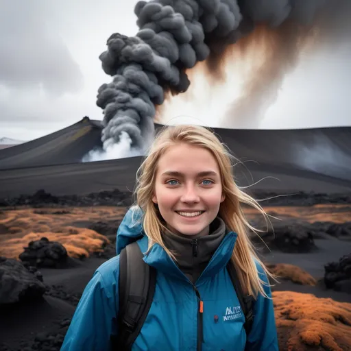 Prompt: Background: An Icelandic volcanic landscape with cinder cone erupting, in a smoky dark rocky basalt landscape in Iceland. Heated steamy atmosphere from flowing lava.
Foreground:  A (blonde young, sweet and cute Icelandic woman), highly detailed facial features with shy, subtly smiling expression, dynamically posed in winter hiking gear.  