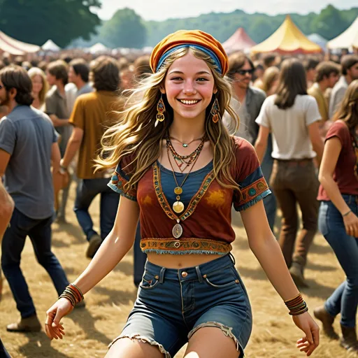 Prompt: photorealistic, high resolution, a (cute) age20 girl at Woodstock festival, dancing in a dynamic pose, elaborate detailed facial features, her expression of ((calm ecstatic bliss,)) emulating the hippie spirit, vibrant colors, psychedelic attire, crowded atmosphere with a (packed sea of people) seated, backdrop filled with lively performances, warm and sunny ambiance, showcasing (entrancing beauty), capturing the essence of youth and freedom, ultra-detailed.