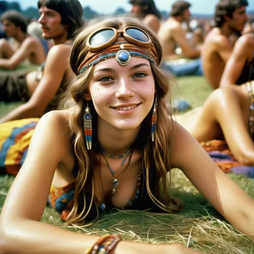 Prompt: photorealistic, high resolution, a (cute) age20 girl at Woodstock festival, reclining on grass in a dynamic pose, elaborate detailed facial features, her expression of ((calm ecstatic bliss,)) emulating the hippie spirit, vibrant colors, psychedelic attire, crowded atmosphere with a (packed sea of people) seated, backdrop filled with lively performances, warm and sunny ambiance, showcasing (entrancing beauty), capturing the essence of youth and freedom, ultra-detailed.