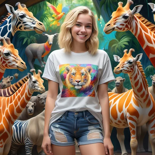 Prompt: (Highly detailed photorealistic digital painting), blonde young woman (well-endowed), detailed facial features and smiling expression, wearing oversized t-shirt and shorts, dynamically posed standing gracefully by a colorful zoo exhibit, infused with whimsical elements, ultra-detailed atmospheric (rich textures, ambiance and vivid colors)