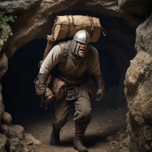 Prompt: A high resolution digital image of A fantasy adventurer’s henchman, carrying an oversized burden on his back consisting of many bags and chests and other items tied to a frame.  He wears a pot as a helmet.  Standing at the mouth of a cave looking scared. Medieval clothes