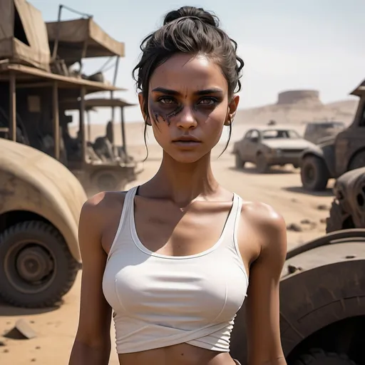 Prompt: Wasteland setting reminiscent of the movie Fury Road.  a (beautiful, perfect athletic and cute girl) with a slender, athletic build and brown skin. Her highly detailed face and skin are defined by thin but soft features, with large round expressive eyes.  Her dusty  black hair is shaved short and tightly curled. She wears a simple, flowing white garment made of thin transparent fabric, which is draped loosely around her body. The outfit is minimal, designed to be functional.

She maintains a clean, almost ethereal appearance, standing out against the rugged, apocalyptic landscape. 

The setting should feel gritty and industrial, with her figure and white clothing creating a visual contrast to the dark, muted tones of the world she inhabits.