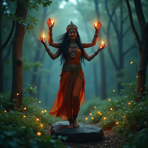 Prompt: A realistic photo of a woman dressed as Ma Kali standing with one foot on a rock, her four arms, held aloft in gestures of prayer and devotionThe forest around her is lush and vibrant, with fireflies illuminating the scene and creating a mystical atmosphere.