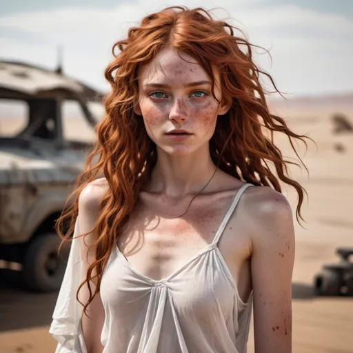 Prompt: Wasteland setting reminiscent of the movie Fury Road.  a (beautiful, perfect slim  youthful and cute girl) with a slender soft build and fair skin with freckles. Her dusty red hair has wavy curls and is unkempt. She wears a simple, flowing white garment made of thin transparent fabric, which is draped loosely around her body. The outfit is minimal, designed to be functional.

Her highly detailed face and skin are defined by thin but soft features, with wide expressive eyes. She maintains an innocent, lost expression of wonder, a clean, almost ethereal appearance, standing out against the rugged, apocalyptic landscape. 

The setting should feel gritty and industrial, with her figure and white clothing creating a visual contrast to the dark, muted tones of the world she inhabits.