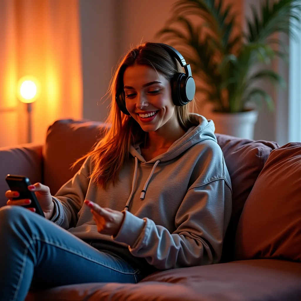 Prompt: A hyper realistic tan flawless 21 year old woman with dyed hair wearing low cut crop top hoodie and jeans sitting on a couch jamming to music and looking happy in a dynamic action pose