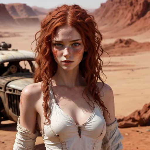 Prompt: Wasteland setting reminiscent of the movie Fury Road.  a (beautiful, perfect slim  youthful and cute girl) with a slender soft build and fair skin with freckles. Her highly detailed face and skin are defined by thin but soft features, with large wide expressive eyes.  Her dusty red hair has wavy curls and is unkempt. She wears a simple, flowing white garment made of thin transparent fabric, which is draped loosely around her body. The outfit is minimal, designed to be functional.

She maintains an innocent, lost expression of wonder, a clean, almost ethereal appearance, standing out against the rugged, apocalyptic landscape. 

The setting should feel gritty and industrial, with her figure and white clothing creating a visual contrast to the dark, muted tones of the world she inhabits.