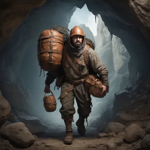 Prompt: A high resolution digital image of A fantasy adventurer’s henchman, carrying an oversized burden on his back consisting of many bags and chests and other items tied to a frame.  He wears a pot as a helmet.  Standing at the mouth of a cave looking scared.