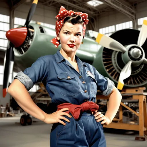 Prompt: High resolution Life like color photographic image of Rosie the riveter in a 1940’s aircraft factory, standing next to an aircraft under construction.