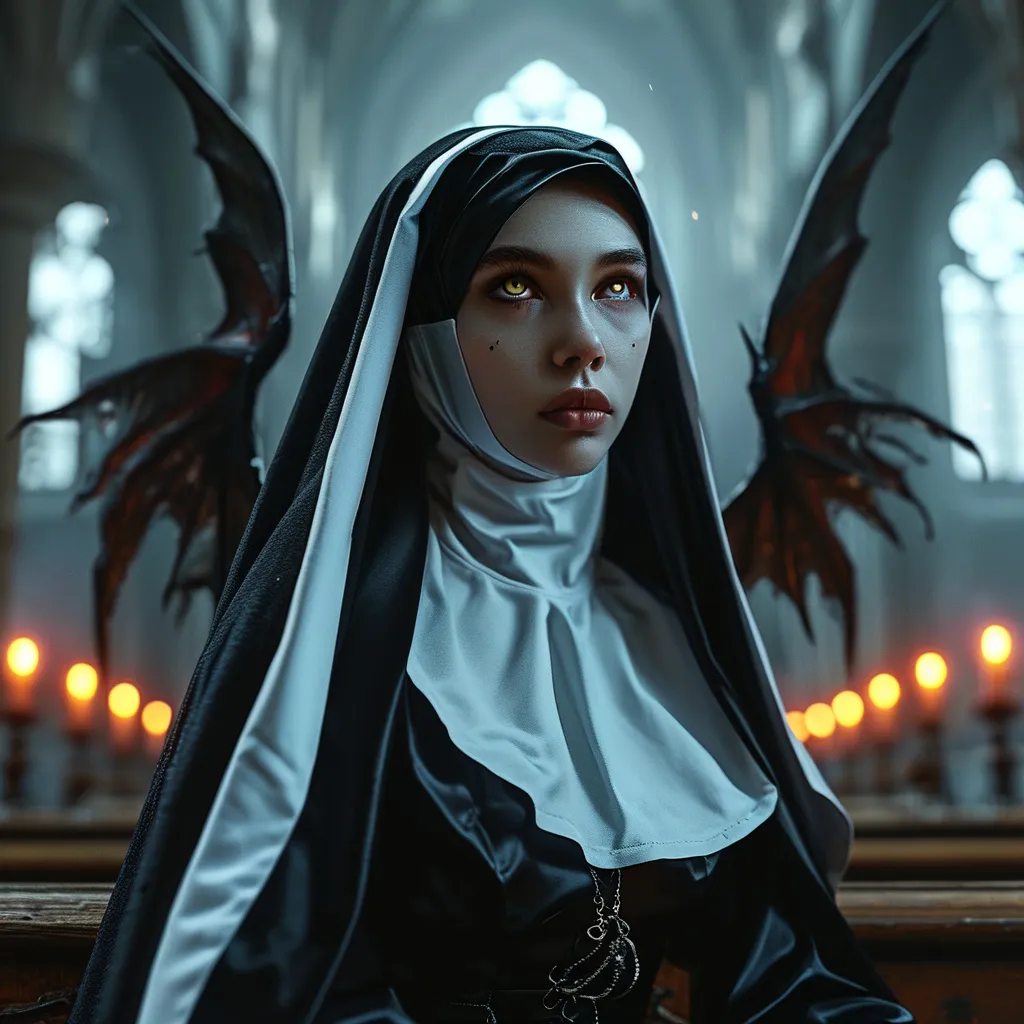 Prompt: Full body side view, a Demoness in nun’s Habit, (slim, beautiful, large eyes), (demonic wings spread wide behind her), kneeling at alter in dynamic pose, praying, ((glancing to side to look at viewer)) (((while praying))), dark gothic atmosphere, fantasy setting, high res photographic quality, 4K resolution, celestial lighting as background illuminating demoness.