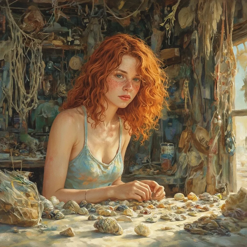 Prompt: A highly stylized digital illustration of a  freckled red-haired age18 woman with wild, voluminous curls, posed in a cluttered, eclectic beach shack sparsely filled with beach-combing finds, worn netting, and hanging nautical-trinkets. Her expression focused, as she sorts shells on a table. The image has a painterly, semi-illustrative style reminiscent of 70s art posters, with deep shadows, warm golden tones, and finely detailed textures. Background elements feel hand-drawn or collaged, adding to the raw, artistic, slightly chaotic ambiance of the scene.