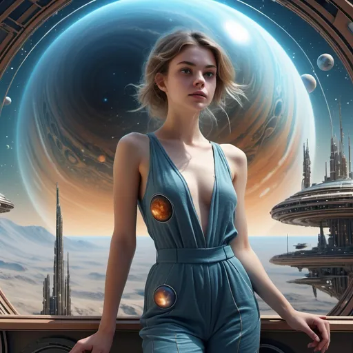 Prompt: background: fantastical outer space horizon, fantasy gas giant planet in sky, Sci-fi, glass architecture, unreadable blueprints, cross-sections.
Foreground: beautiful age18 young woman, (highly detailed facial features), perfect voluminous body, cloth jumpsuit, detailed masterpiece 