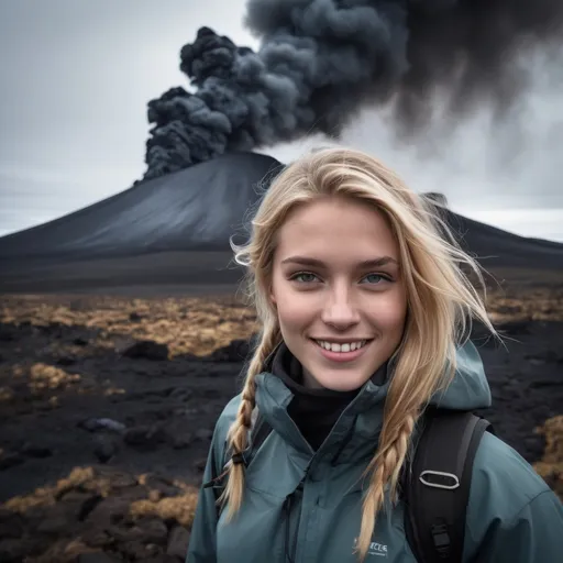 Prompt: Background: An Icelandic volcanic landscape with cinder cone erupting, in a smoky dark rocky basalt landscape in Iceland. Heated steamy atmosphere from flowing lava.
Foreground:  A (blonde young, sweet and cute Icelandic woman), highly detailed facial features with shy, subtly smiling expression, dynamically posed in winter hiking gear.  