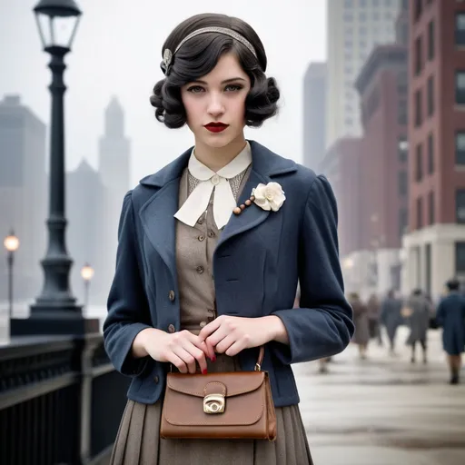 Prompt: (realistic image set in Chicago 1920's),  (girl age:18, Slim, cute, beautiful, shy), (1920’s hair style), (dressed in period college girl’s for the ‘20’s outfit), posed holding a purse, period city background, misty morning, (rich textures), (soft lighting), (ultra-detailed), 4k quality, opulent decor.